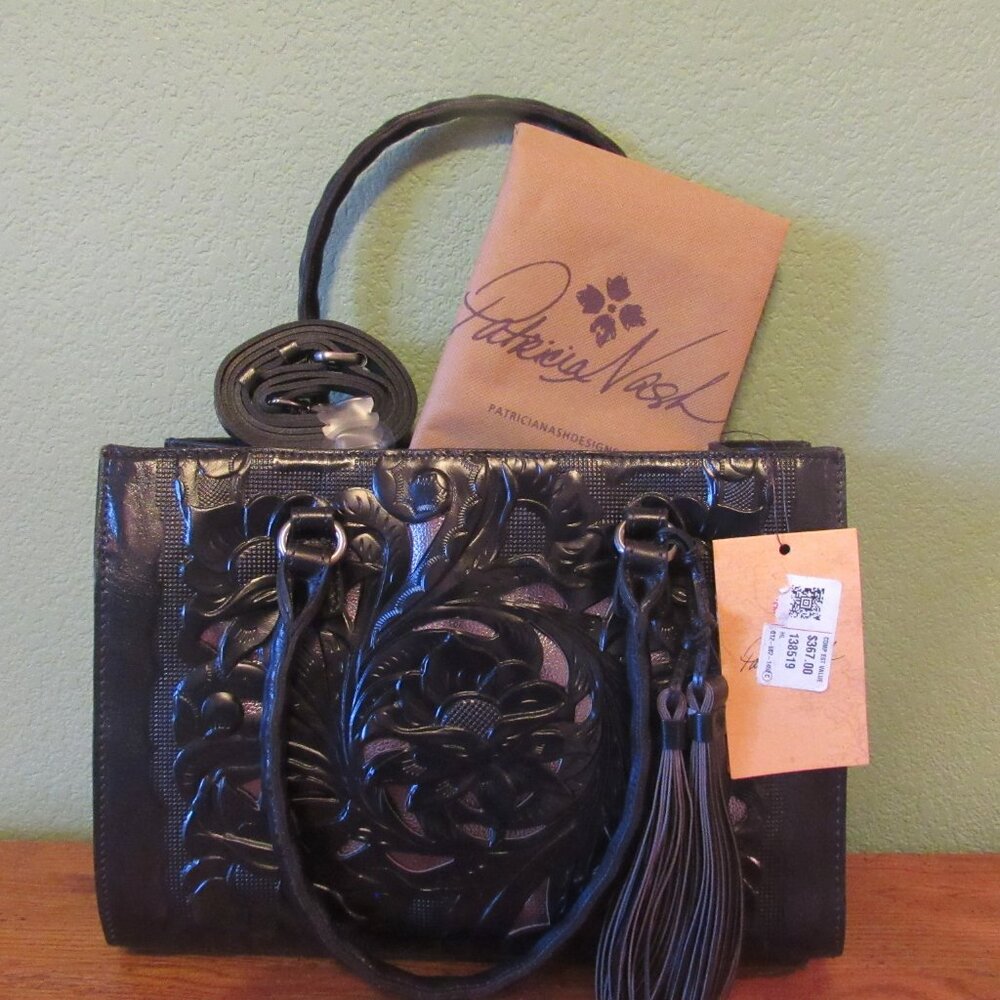 NWT $367 Patricia Nash Primrose Black Leather Handbag Satchel Purse w/ Dust Bag